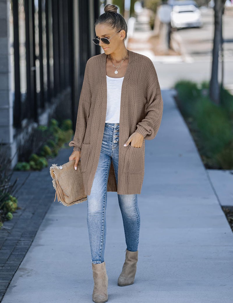 MEROKEETY Women's 2025 Fall Open Front Chunky Knit Sweater Oversized Lantern Sleeve Cardigan Outwear, Mocha, Medium - Image 4
